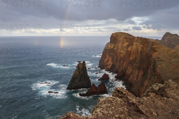Sunset, rainbow at sea, volcanic peninsula, Ponta de São Lourenço, Ponta de Sao Lourenco, rocky coast, Punta de San Lorenzo, Madeira, Portugal
