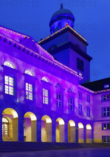 The town hall illuminated for the Christmas market in Witten, Ruhr area, North Rhine-Westphalia, Germany