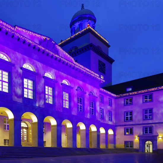 The town hall illuminated for the Christmas market in Witten, Ruhr area, North Rhine-Westphalia, Germany
