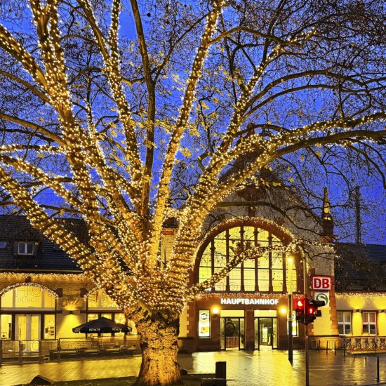 Central Station with Christmas lights in the evening, Witten, Ruhr area, North Rhine-Westphalia, Germany