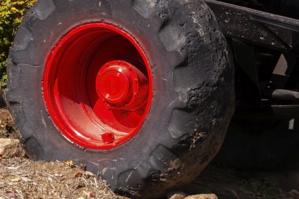 Close-up and rear side view of large heavy duty black rubber tire mounted on red rim on monster truck vehicle, Quebec, Canada