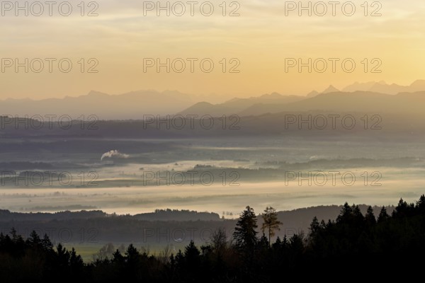 View from Horben of the Reuss Valley covered in fog, behind it the Glarus Alps in the light of the rising sun, Beinwil-Freiamt, Canton, Aargau, Switzerland