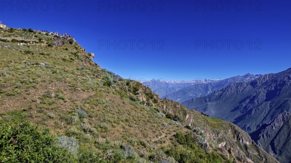Landscape with a wide view of a mountainous landscape under clear, blue sky, The mountains and valleys of the Colca Canyon in Peru