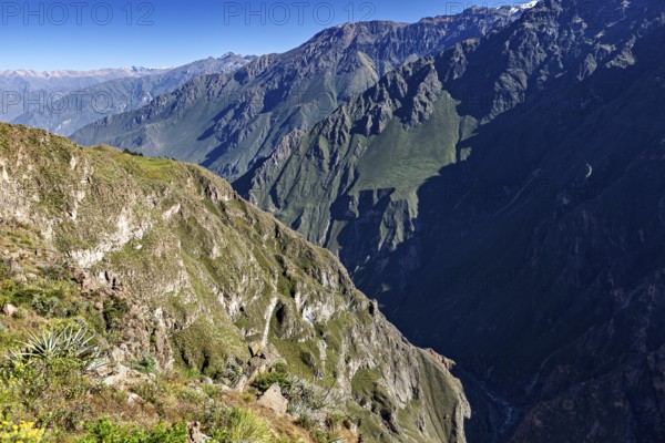 Extensive mountain landscape with deep gorge and sparse vegetation, The mountains and valleys of the Colca Canyon in Peru