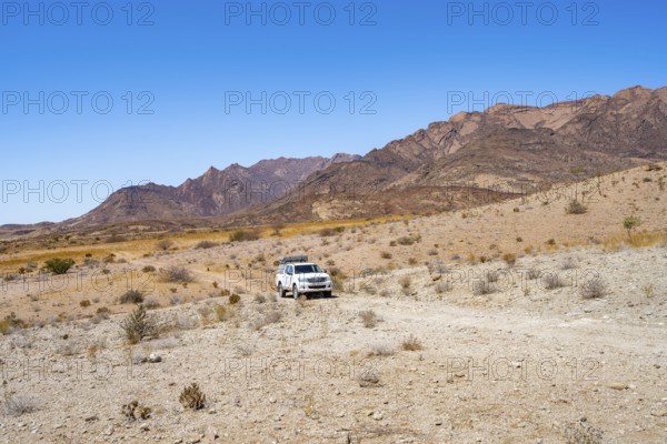 Toyota Hilux off-road vehicle on a sandy track, desert landscape with Brandberg, Erongo, Damaraland, Namibia