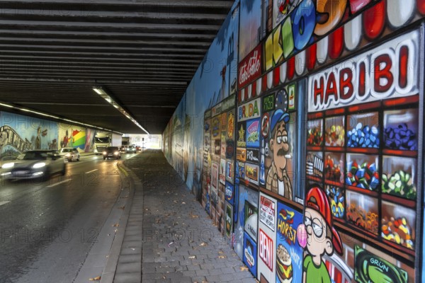 Huge street art pictures in a road tunnel in Gelsenkirchen, the approximately 120 meter long railway underpass of Wickingstraße was extensively painted and sprayed on both sides by 11 Gelsenkirchen graffiti artists and collectives, over a total length of 174 meters, the wall paintings showed motifs from Gelsenkirchen history, from economy, coal, steel, soccer, culture, life, on the 150th anniversary of the city on 29.11.11.25, North Rhine-Westphalia, Germany
