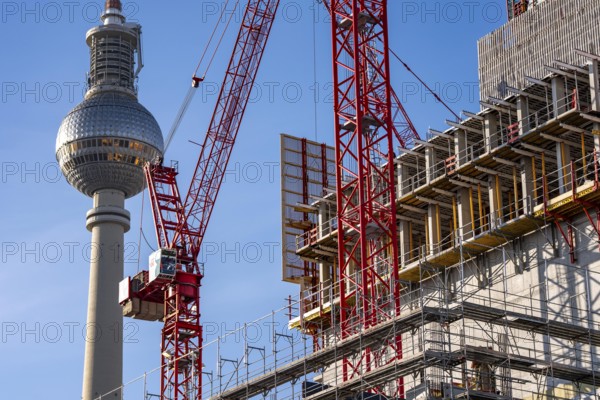 Construction site of the Covivio high-rise building in the vicinity of Alexanderplatz in Berlin, mixed use of apartment, offices, retail and a daycare center, Berlin TV Tower dome, Germany