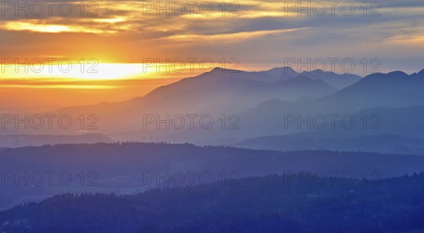 View of the Jura foothills from the Gisliflue, in the light of the setting sun, Talheim, Canton, Aargau, Switzerland