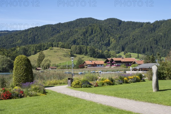View from the spa park to the lake and district of Freudenberg, Schliersee, Upper Bavaria, Bavaria, Germany