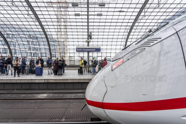 Central Station in Berlin, passengers on the platform, ICE train arrives, Germany