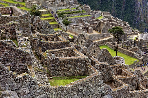 Detailed view of the terraced Machu Picchu stone ruins, The ruins of the Inca city of Machu Picchu in Peru