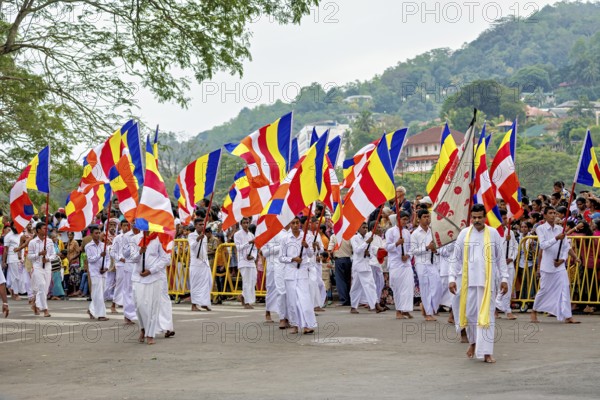 People in white robes carry Buddhist flags at a ceremonial parade, with hills in the background, The Perahera Parade in Kandy Sri Lanka