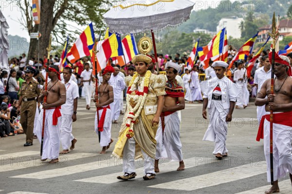A solemn procession with people in white robes and colorful flags on the street, The Perahera Parade in Kandy Sri Lanka
