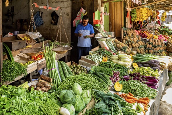 A variety of fresh vegetables on a busy market stand, dealers in the market halls of Kandy Sri Lanka