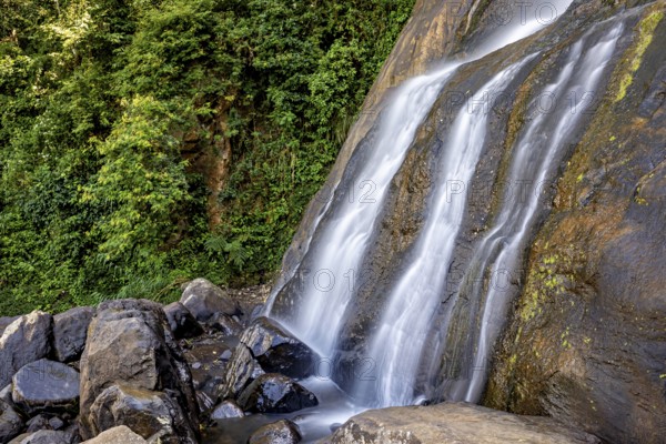 A waterfall pours over rugged rocks, surrounded by thick forest and moss-covered stones, tea plantation in the highlands near Kandy Sri Lanka