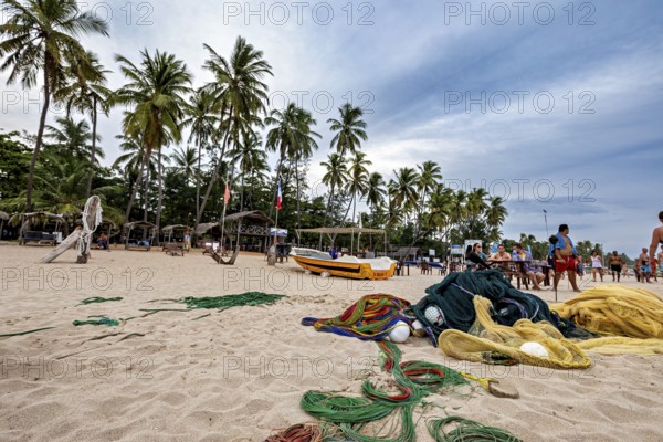 View of a tropical beach with palm trees, fishing nets and boats on the shore, Traditional fishermen on Trincomalee beach in Sri Lanka