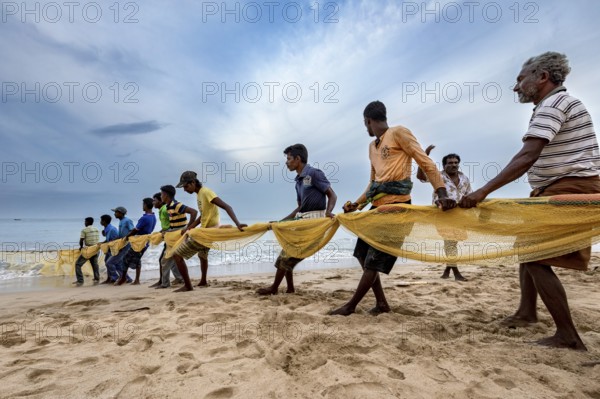 A group works together on the beach to pull a fishing net out of the water, Traditional fishermen on Trincomalee beach in Sri Lanka
