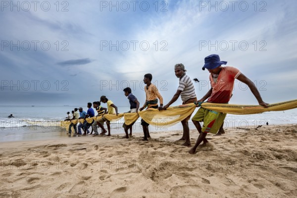 Men on the coast pull a large net while standing in a line, traditional fishermen on Trincomalee beach in Sri Lanka