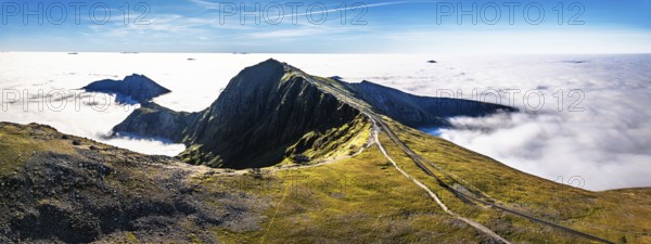 Snowdon Massif from a drone, Snowdon Range, Snowdonia, North Wales, UK