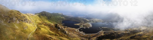 Pyg Track over Llyn Llydaw lake from a drone, Pen-y-Pass, mountain pass, Snowdonia, Gwynedd, north-west Wales, UK