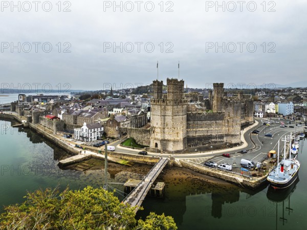 Caernarfon Castle from a drone, Caernarfon, Gwynedd, North-West Wales, UK