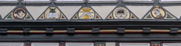 Decoration on half-timbered house, Barfüsserstraße, Marburg, Hesse, Germany