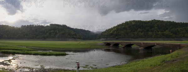 View of Old Bridge Asel, Edersee without water, Hesse, Germany