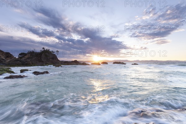 Sunset at Fisherman's Lookout. Dramatic waves and coastal scenery at The Pass, New South Wales, Australia