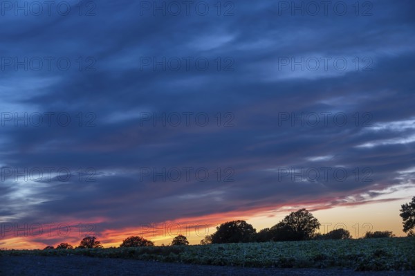 Red blue evening sky, Othenstorf, Mecklenburg-Western Pomerania, Germany