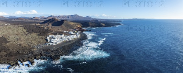 Coastal village fishing village El Golfo, volcanic landscape, coastal landscape, aerial view, Lanzarote, Canary Islands, Spain