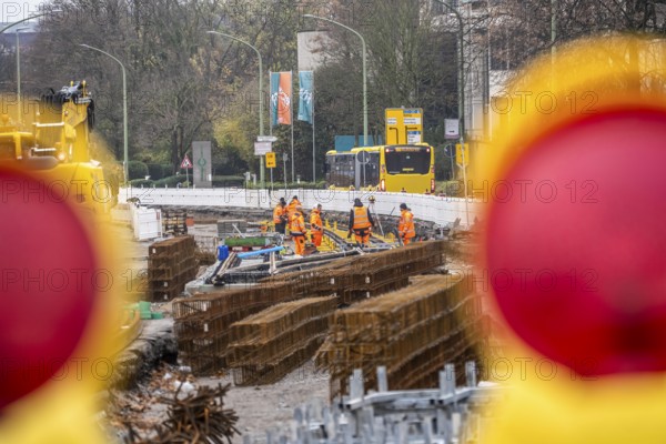 Large-scale construction site in the city center of Essen, Herkulesstraße, the construction of new tracks for the new Stadtbahn-Essen, a new tram line in the city center that will connect the west of the city with the new Essen-51 district, North Rhine-Westphalia, Germany