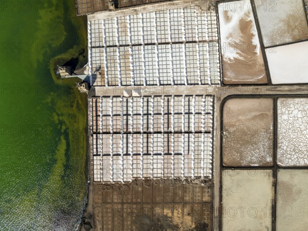 Salt mining plant, Salinas de Janubio, top-down, near Yaiza, drone shot, Lanzarote, Canary Islands, Spain