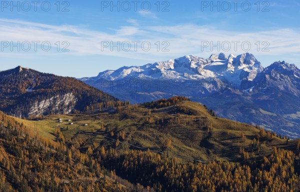 Alpbichlalm with Dachstein massif, autumn, Osterhorn Group, Salzkammergut, Province of Salzburg, Austria