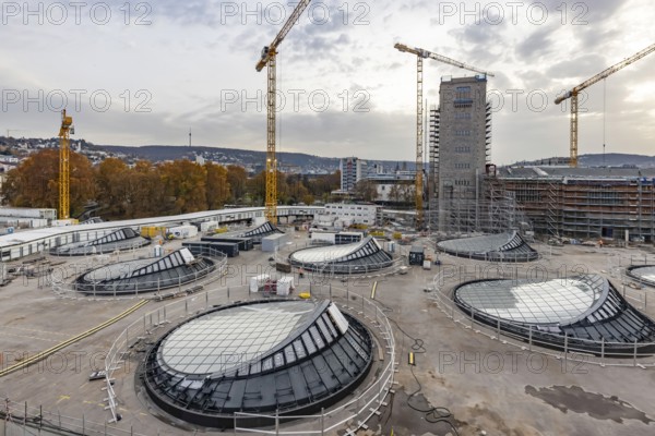 Stuttgart Central Station. Stuttgart 21 construction site. The new transit station is being built here. Light eyes on the roof of the new train station. Bonatz building. Stuttgart, Baden-Württemberg, Germany