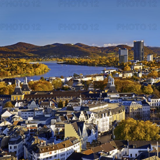 Autumn panoramic view from the town house of Bonn Minster, the Post Tower, the Rhine and the Siebengebirge, Bonn, North Rhine-Westphalia, Germany