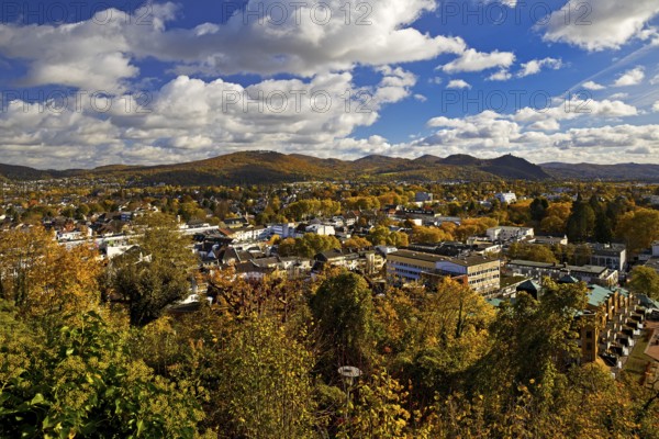 View of the Bad Godesberg district from Godesburg in autumn towards Siebengebirge, Bonn, North Rhine-Westphalia, Germany