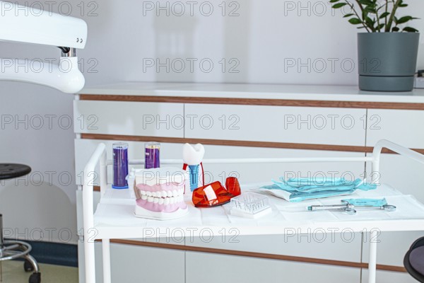 Various instruments, dental models, and hygiene items are laid out on the table in the dental office. natural light
