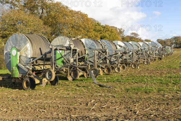 Rainstar E31 irrigation sprayer machinery in field, Shottisham, Suffolk, England, UK