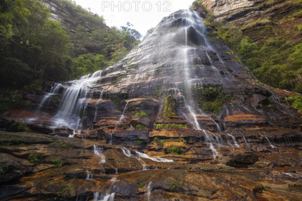 Leura Falls in a lush valley full of ferns and vegetation, Blue Mountains, New South Wales, Australia