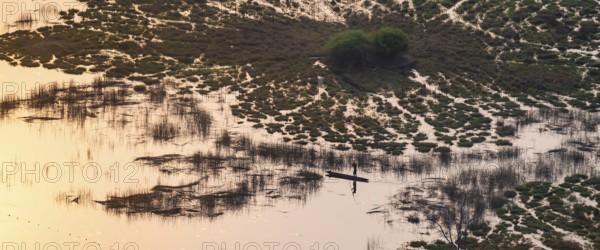 Marshland, marshland, Kavango fishermen with dugout boat, Mokoro, aerial view, Okavango Delta, Botswana