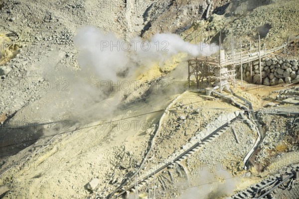 Steaming fumaroles in the Owakudani geothermal area at Komagatake volcano, Hakone, Japan