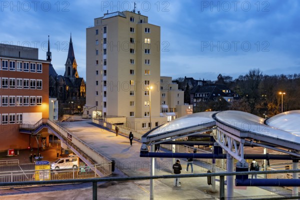 Skyline of Essen-Steele, high-rise building of the Kaiser-Otto-Residenz seniors residence, St. Lawrence, roof of the S-Bahn and bus station, public transport hub Steeler Platz, Essen North Rhine-Westphalia, Germany