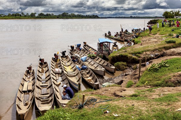 Wooden boats in a row on the banks of a river with people, longboat on a river near Rurrenabaque in the Amazon jungle in Bolivia