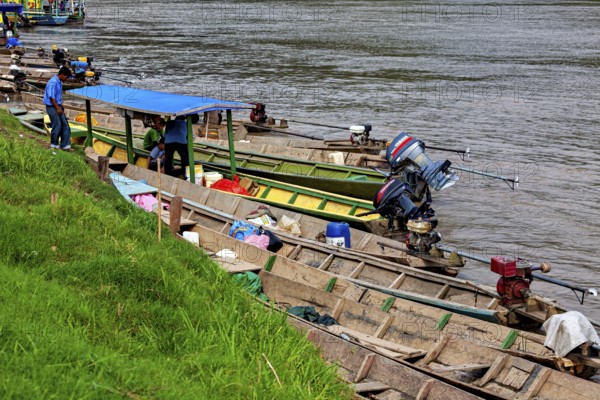 Wooden boats with motors on the banks of a river with grassy banks, longboat on a river near Rurrenabaque in the Amazon jungle in Bolivia