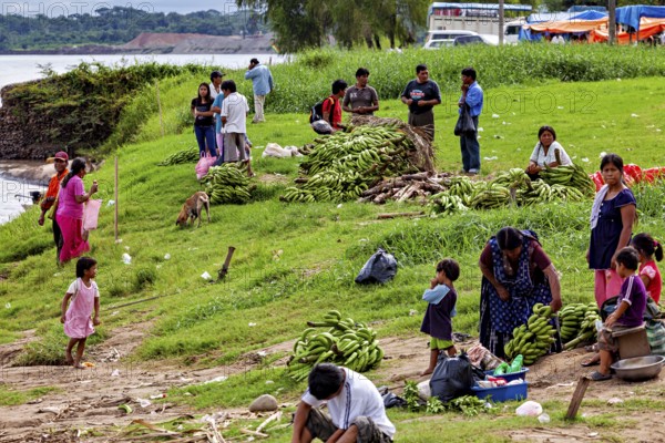 People sell bananas on a riverbank in a rural area. The scene depicts a communal and bustling atmosphere, the Rurrenabaque market in the Amazon jungle rainforest in Bolivia