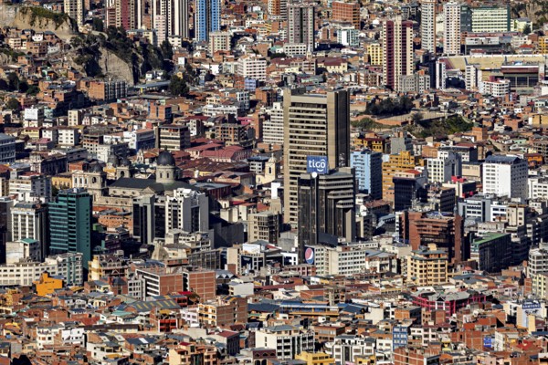 Dense city center with numerous high-rise buildings and diverse architecture, the city of La Paz in Bolivia
