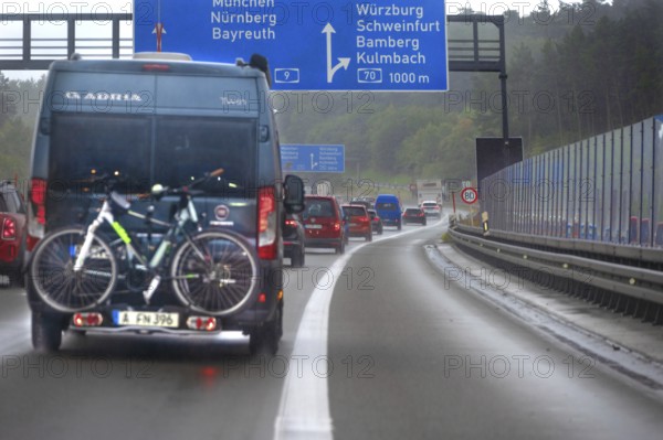 Traffic jam on the A9 motorway, a noise barrier on the right, Hof, Upper Franconia, Bavaria, Germany