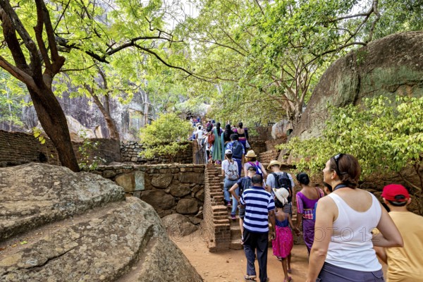 Tourists walk up a rocky staircase surrounded by trees and rocks, relaxed atmosphere, tourists at the temples and rocks of Lion Rock near Sigiriya in Sri Lanka