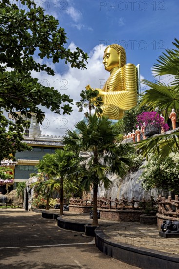 Large golden Buddha statue outdoors surrounded by trees and other sculptures under a blue sky, The cave temples of Dambulla in Sri Lanka