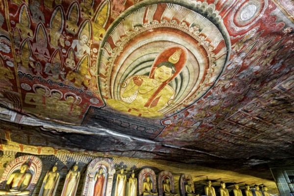 Ceiling painting in a cave with detailed Buddhist representations in strong colors, The cave temples of Dambulla in Sri Lanka